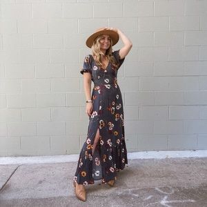 Love Stitch Floral Maxi Dress - Black and Orange